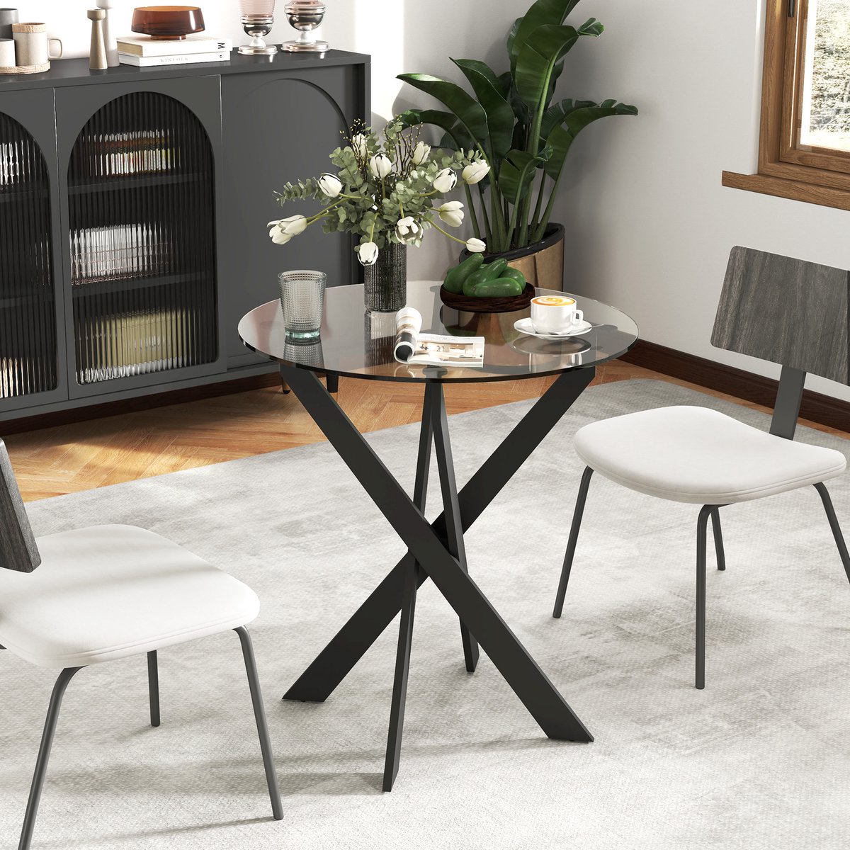MODFU Eettafel - Rond - Modern - Glas En Metaal - Zwart Transparant - 70 X 75 Cm