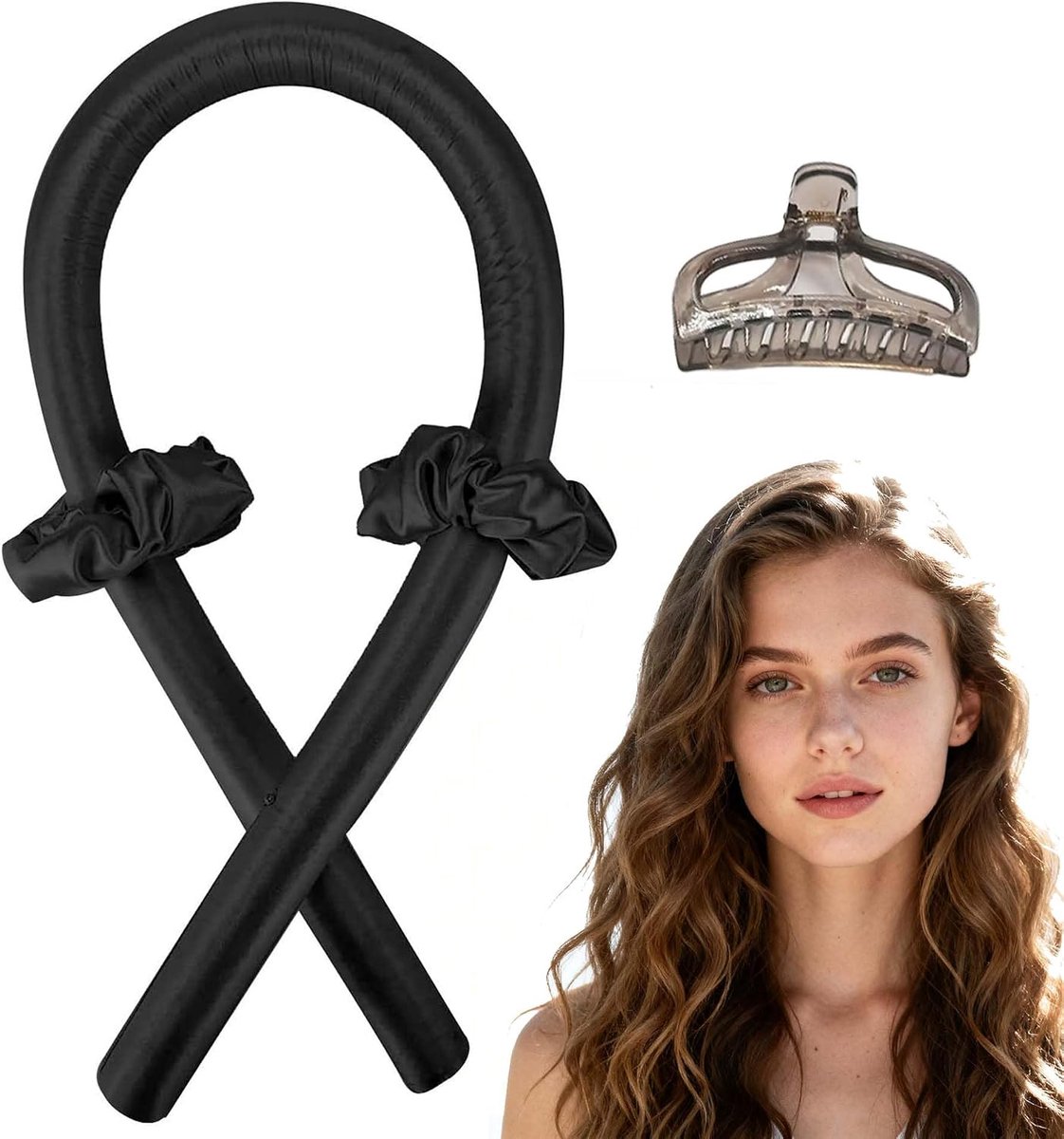 Langste curlers met 2 haarringen en 1 clip - zwart - zacht materiaal - hittevrije krullen voor lang haar - ShopVlot