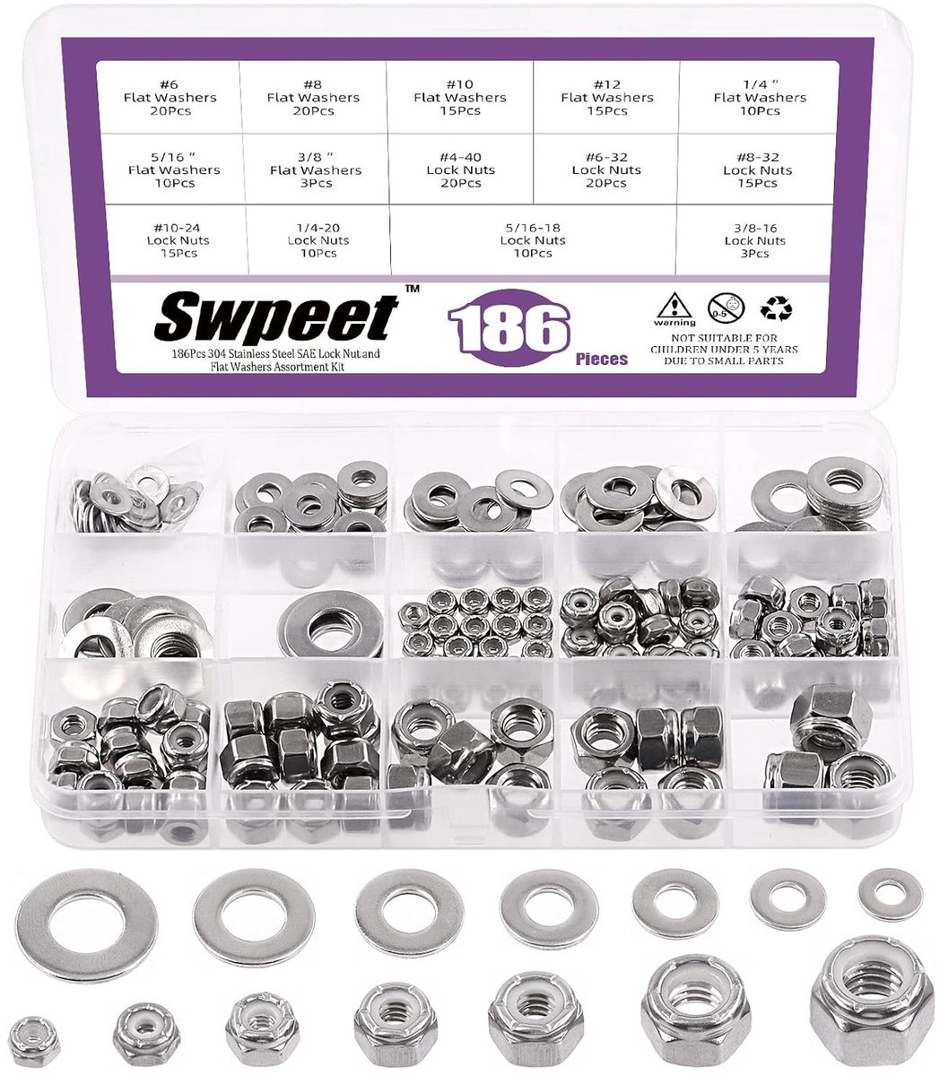 Lock nuts en vlakke ringen set 186 delig - roestvrij staal - diverse maten - ideaal voor bevestigen - ShopVlot