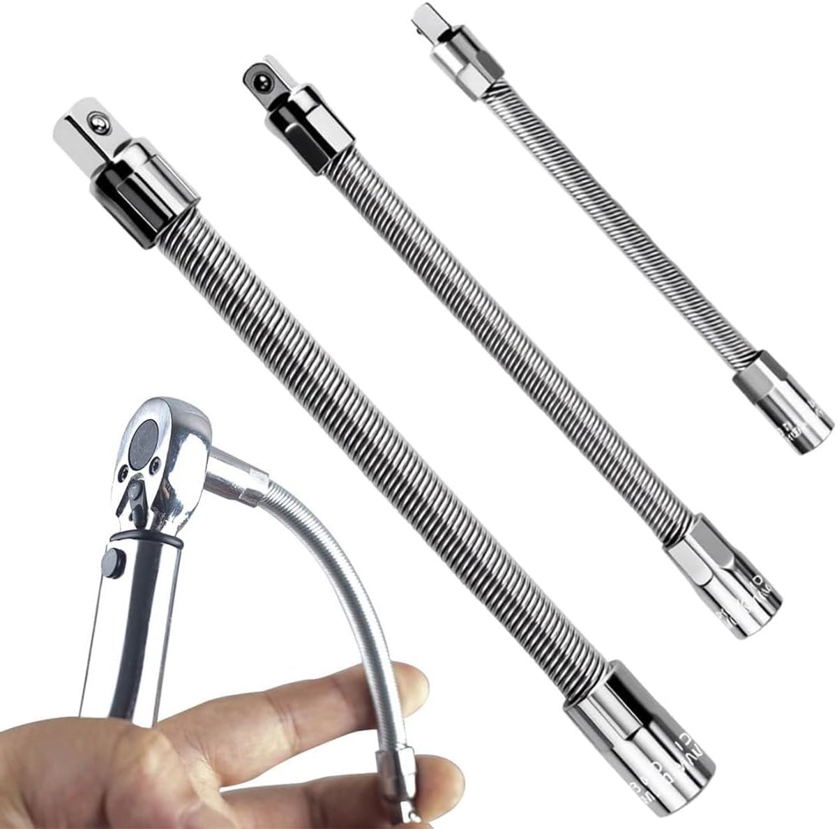 Flexibele 3-delige steeksleutel verlenging 1/4", 3/8", 1/2" - Magnetische veerstaal verlengstang - ShopVlot