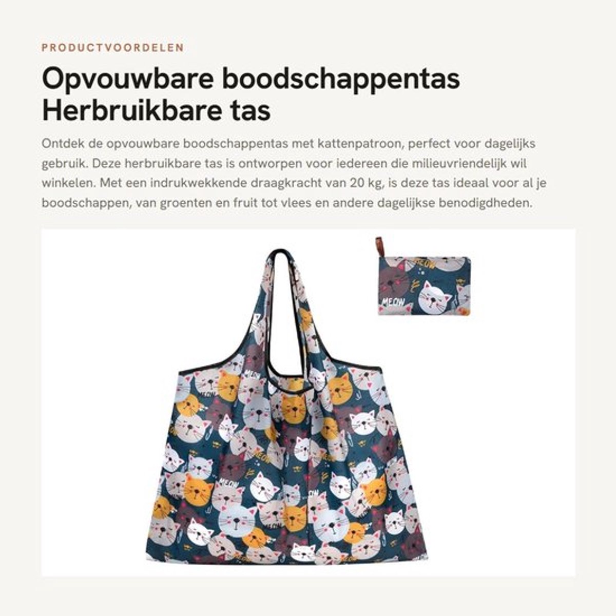 Boodschappentas Opvouwbaar - Herbruikbaar - Kattenpatroon - Draagtas 50x66cm - 20kg Capaciteit - Klein Binnenvak - Herbruikbare Tas