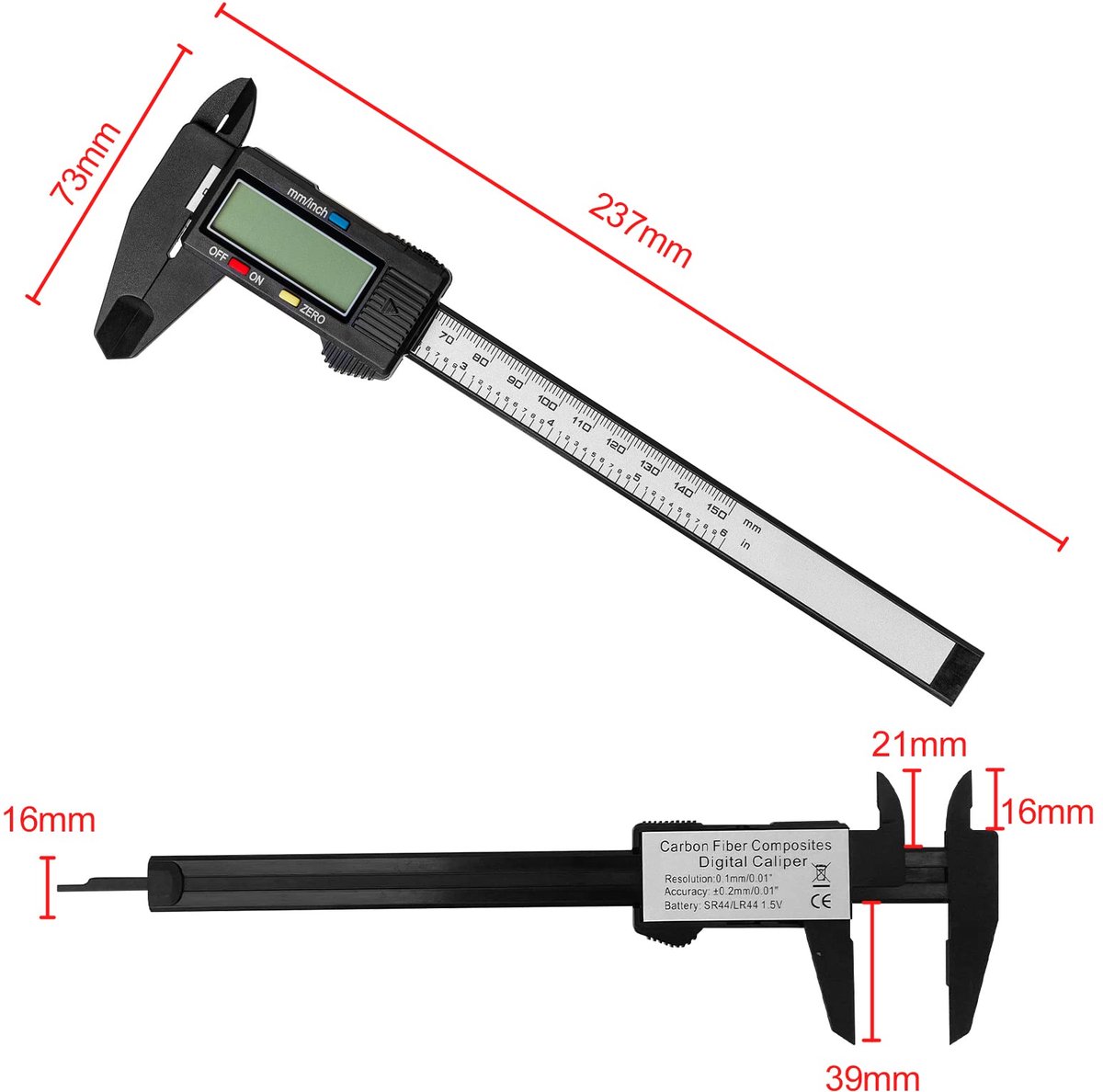 Digitale Schuifmaat 150 mm - 6 Inch Koolstofvezel Meetklauw met LCD Display en Reservebatterij - Voor Binnen- en Buitenmetingen