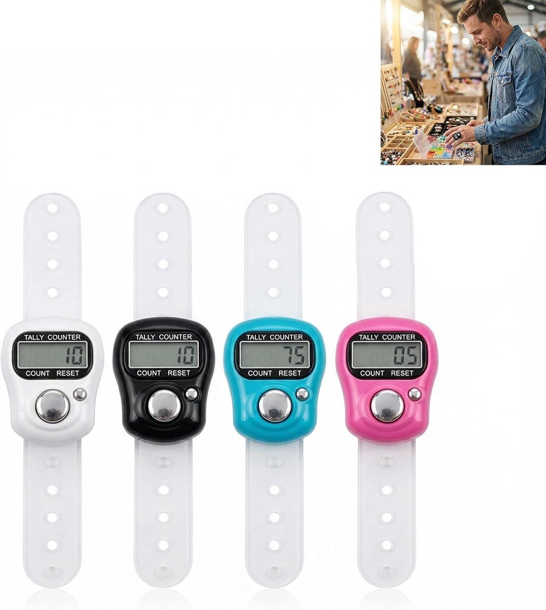 vingerteller 3 stuks - elektronische vinger - met 50 gekleurde mesh-markers - ideaal voor breien en haken - ShopVlot