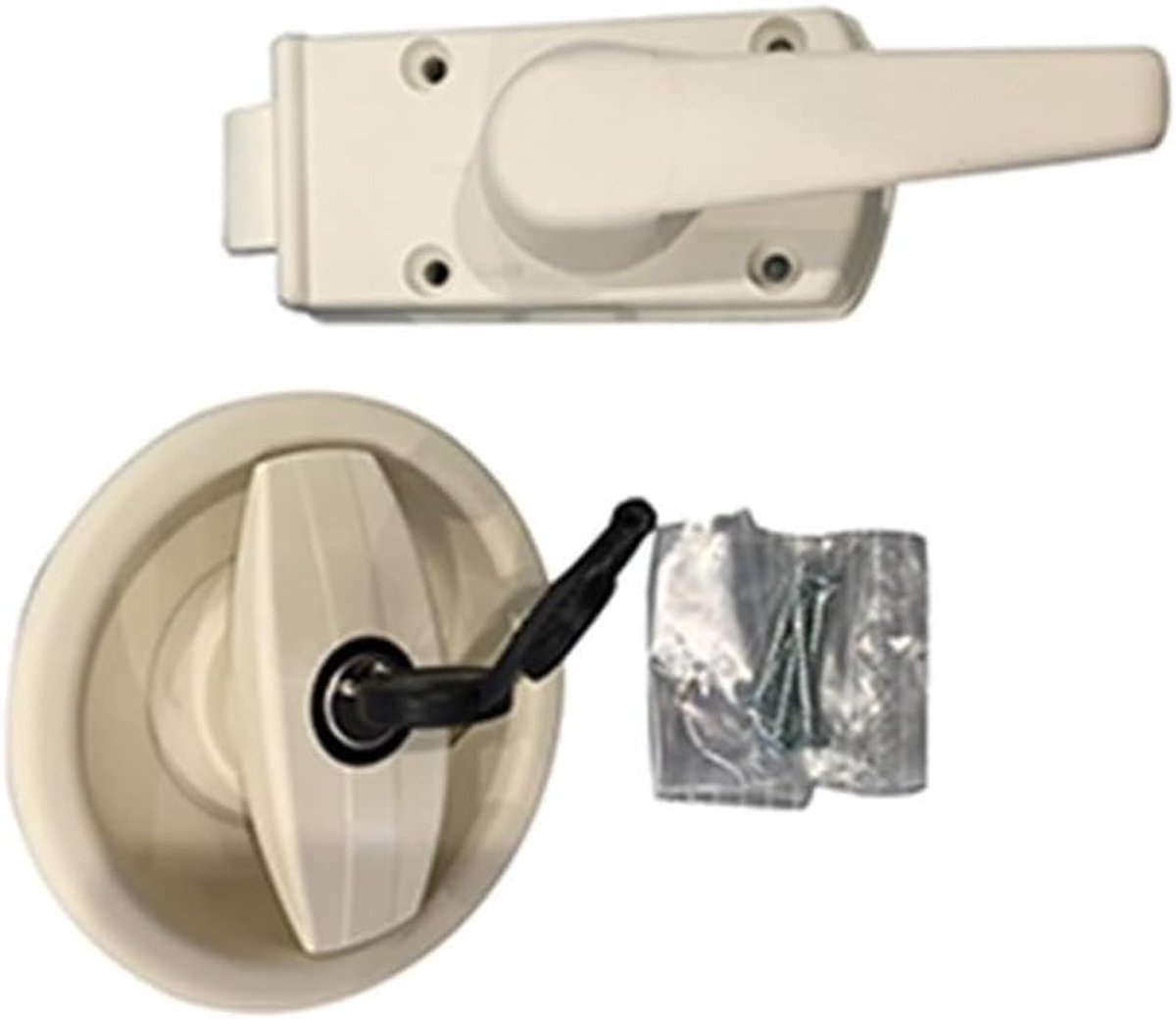 White pearl lock for caravan door, with right opening + barrel and keys - ShopVlot