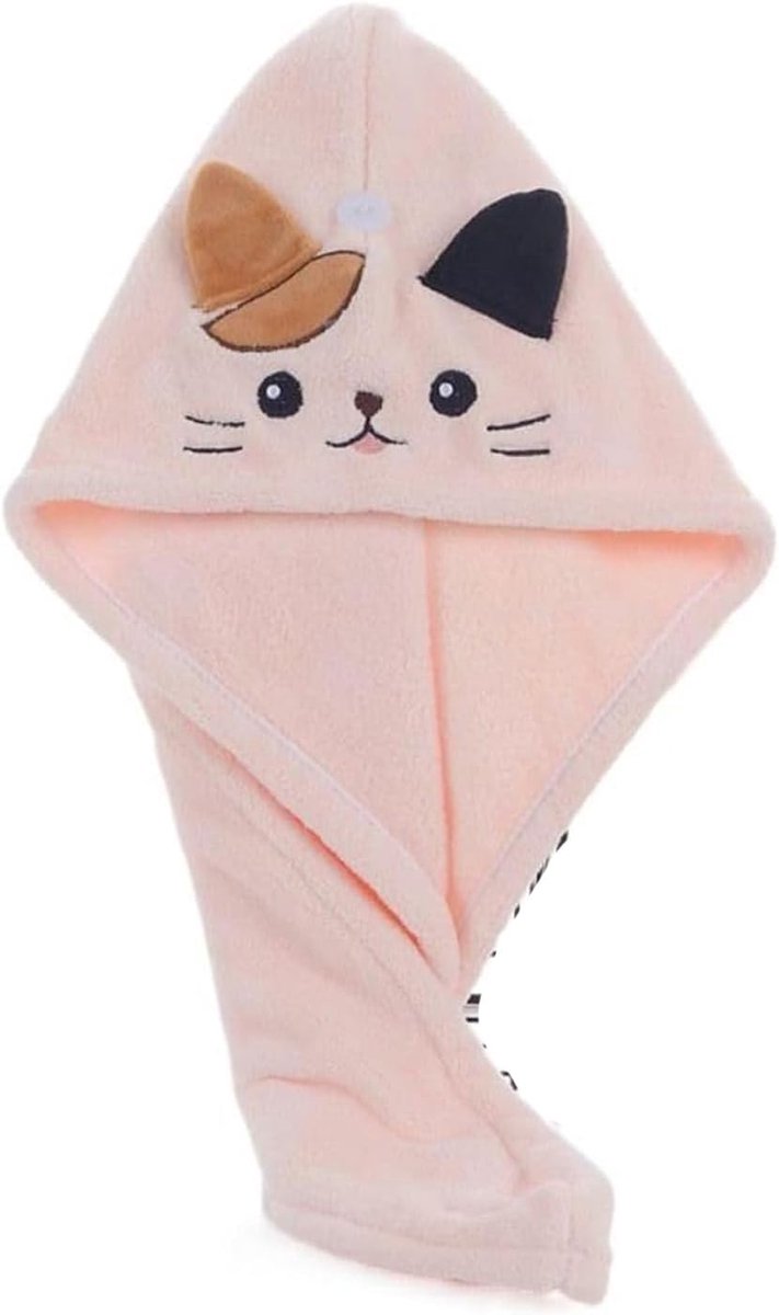 1 Piece Microfiber Hair Turban, Quick Dry Adjustable Button and Elastic Band, Drying Towel with Cute Cat Design, Pink - ShopVlot