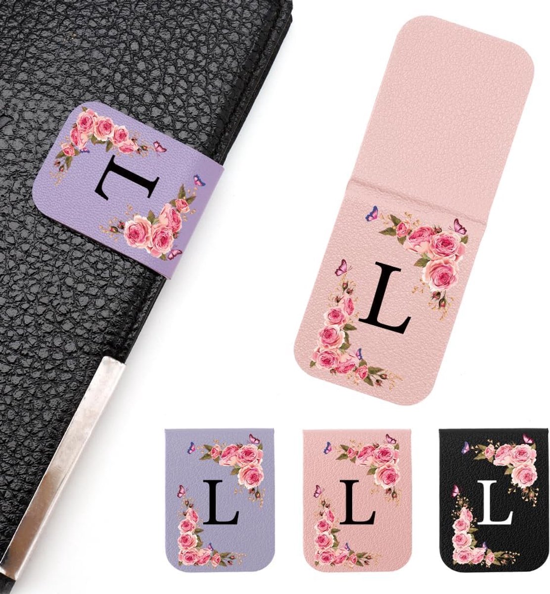 Magnetische Boekenleggers Set van 3 - Leren Boekenleggers met Initialen en Bloemenmotief - ShopVlot