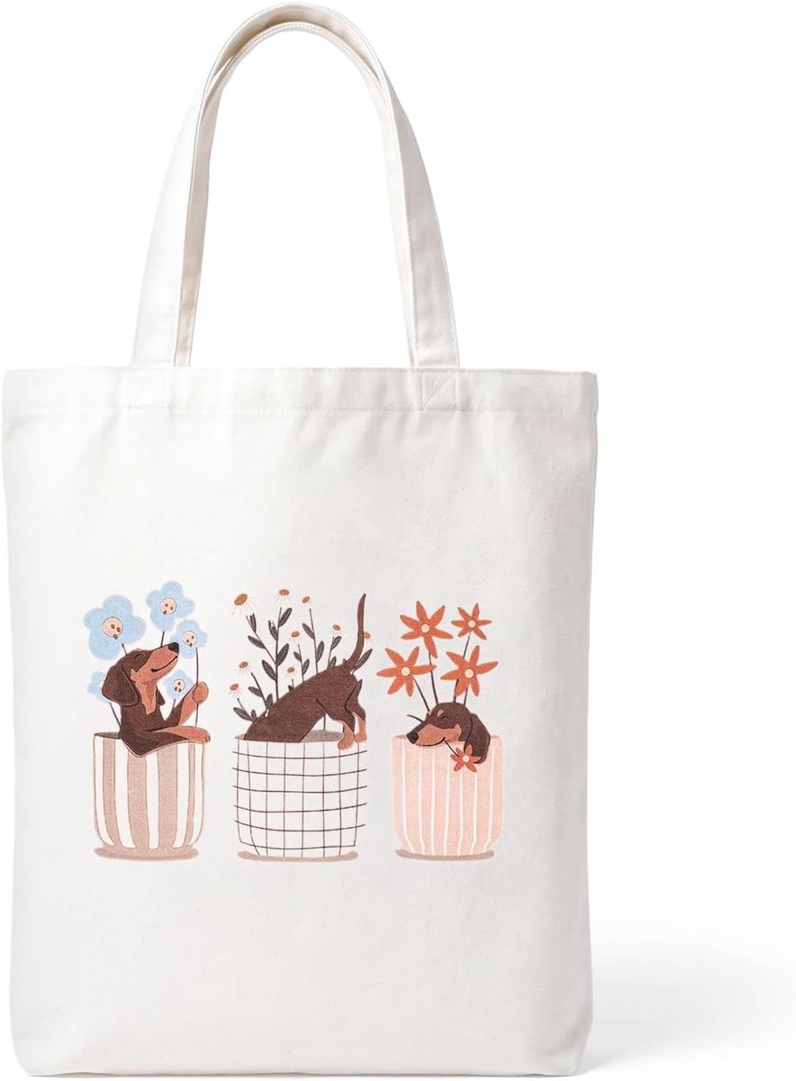 Jute tas 35 x 42 cm - stoffen tas met teckelpatroon - boodschappentas met lange hengsels - leuk voor hondenliefhebbers - ShopVlot