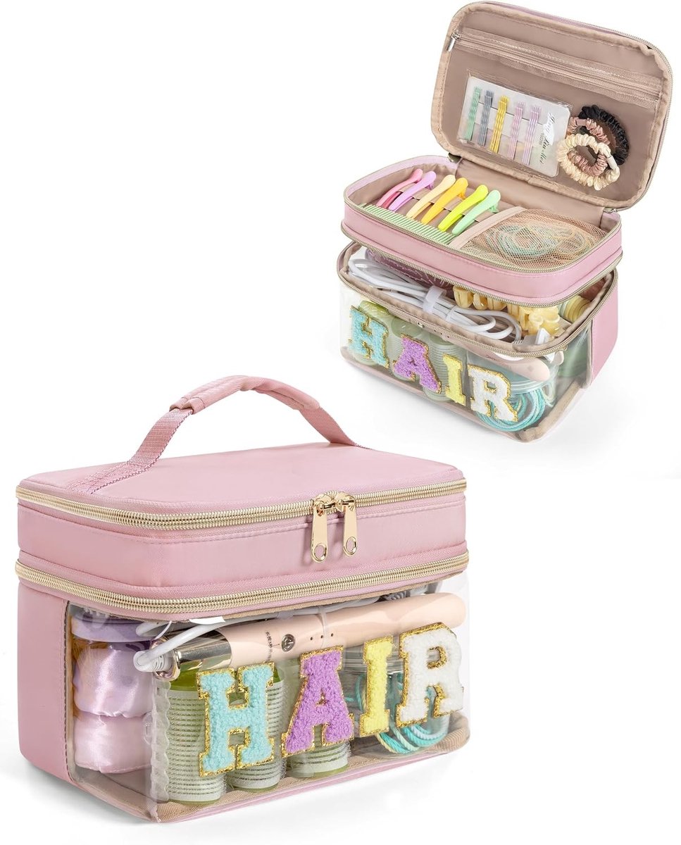 Tweelaags Haaraccessoires Organizer en Reistas voor Haargereedschap - Transparante Cosmeticatas voor Vrouwen en Meisjes in Roze, Ideaal voor Reizen en Opbergen
