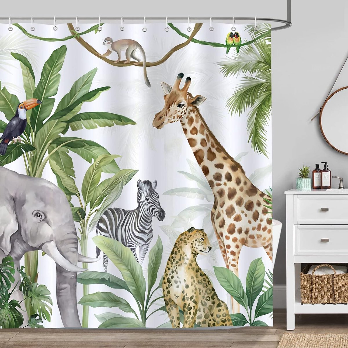 Douchegordijn jungle dieren 180x180 cm - polyester waterdicht - schimmelbestendig - sfeervolle badkamer - ShopVlot
