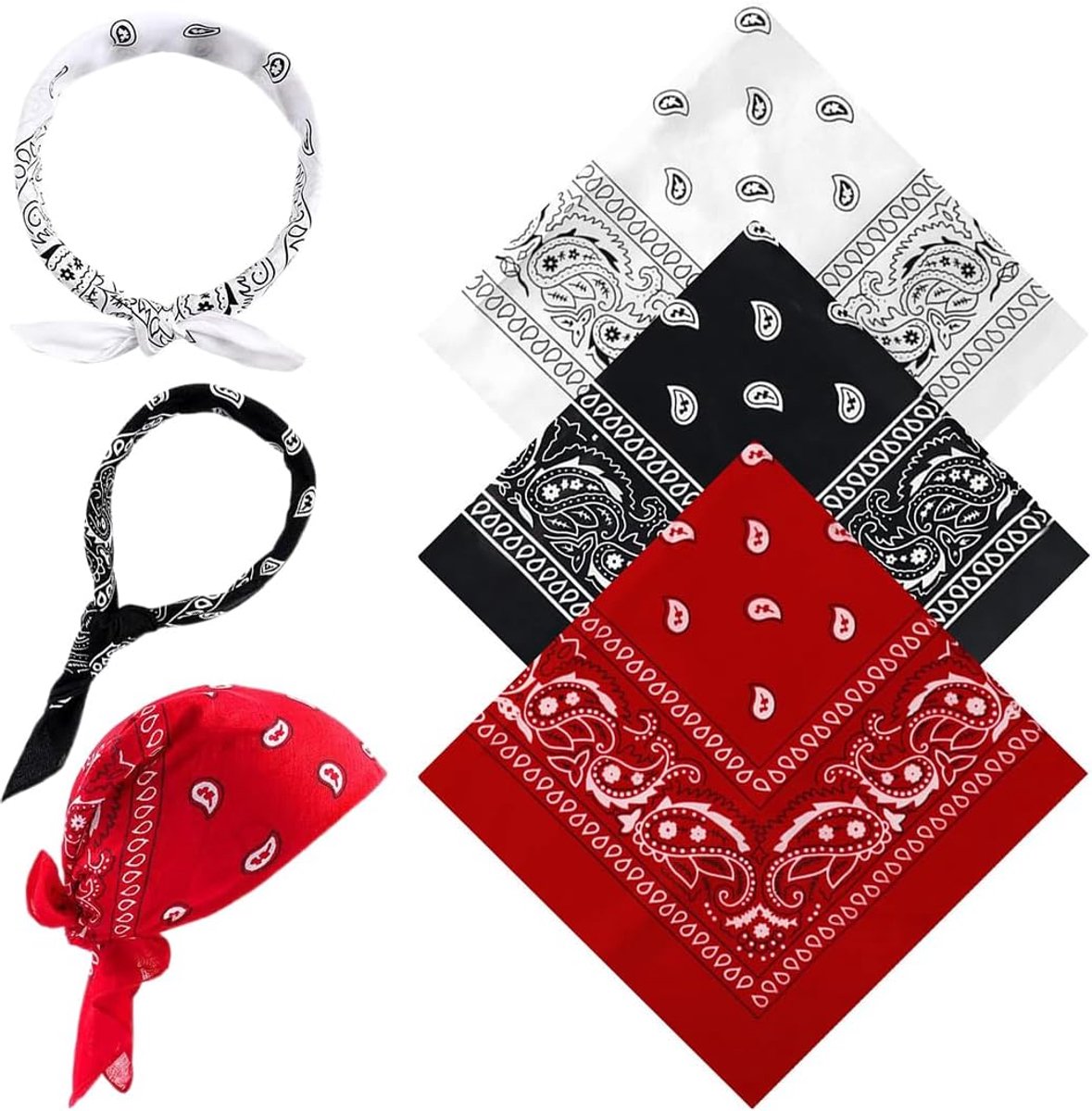 Multifunctionele zakdoeken set van 3 - 54 x 54 cm - rood/wit/zwart - stijlvol accessoire voor haar en nek - ShopVlot
