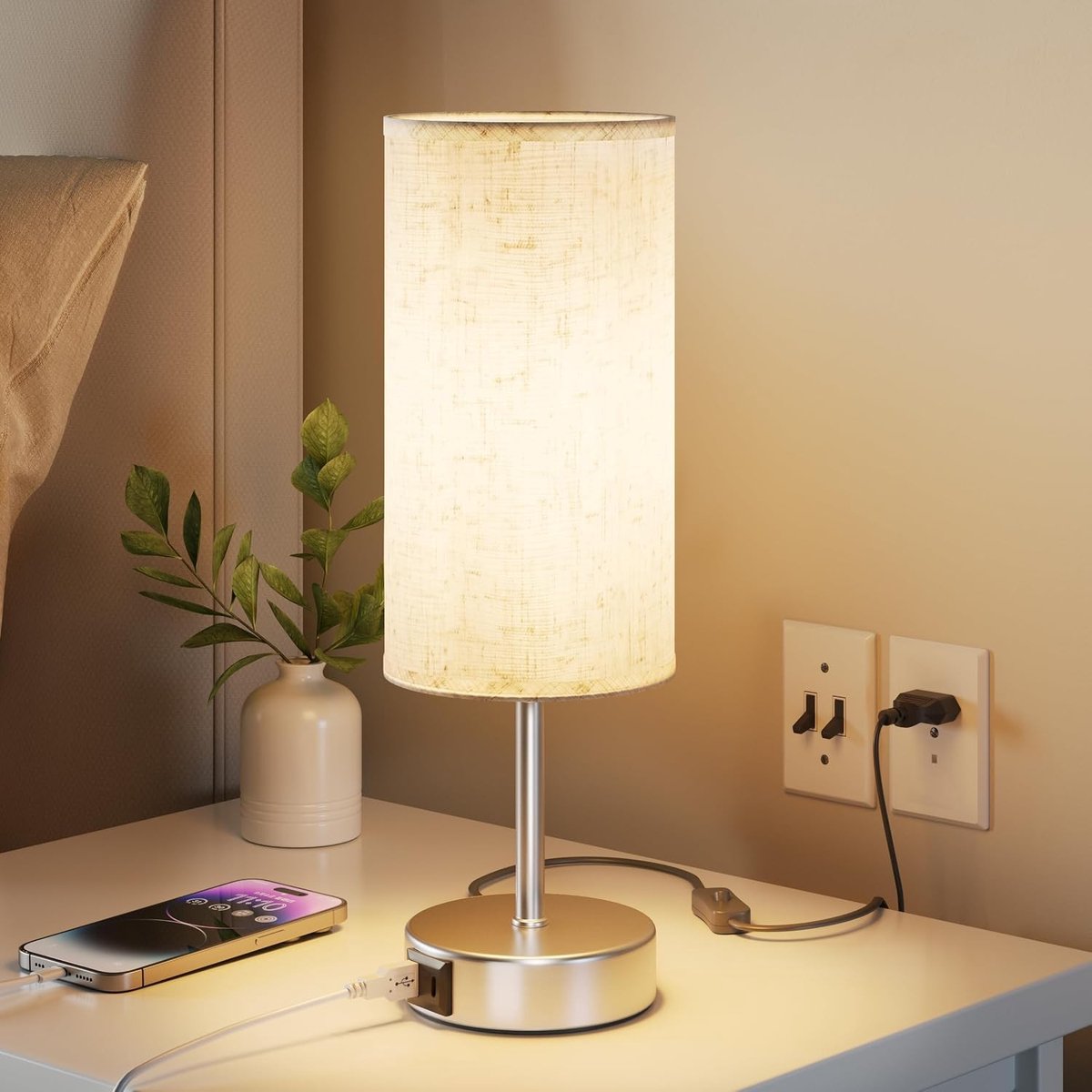 Touch Nachtkastlamp - Zilverkleurig - 12 x 12 x 36 cm - Dimbare Bureaulamp met USB-A en USB-C Oplaadpoorten - Voor Nachttafel of Bureau