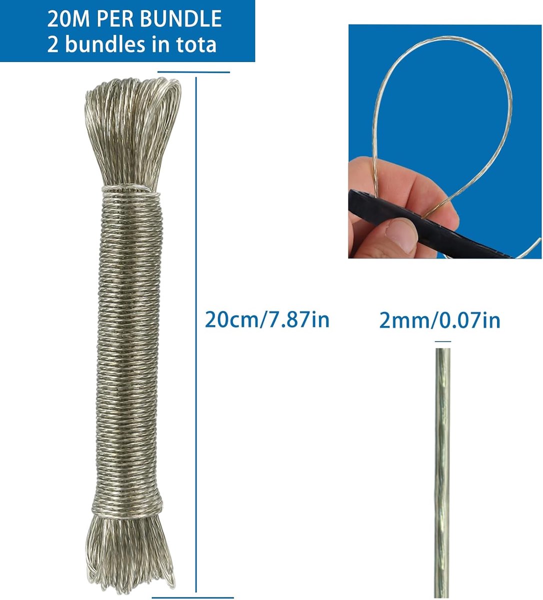 Waslijn 40 m - 2 stuks 20 m - staal versterkt - extra sterk voor zware was - ShopVlot
