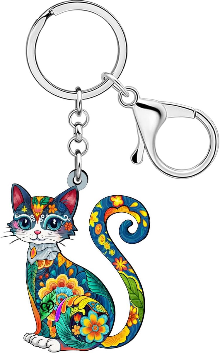Sleutelhanger Kat - Meerkleurig Acryl - Boho Design - Perfect voor Kattenliefhebbers - ShopVlot