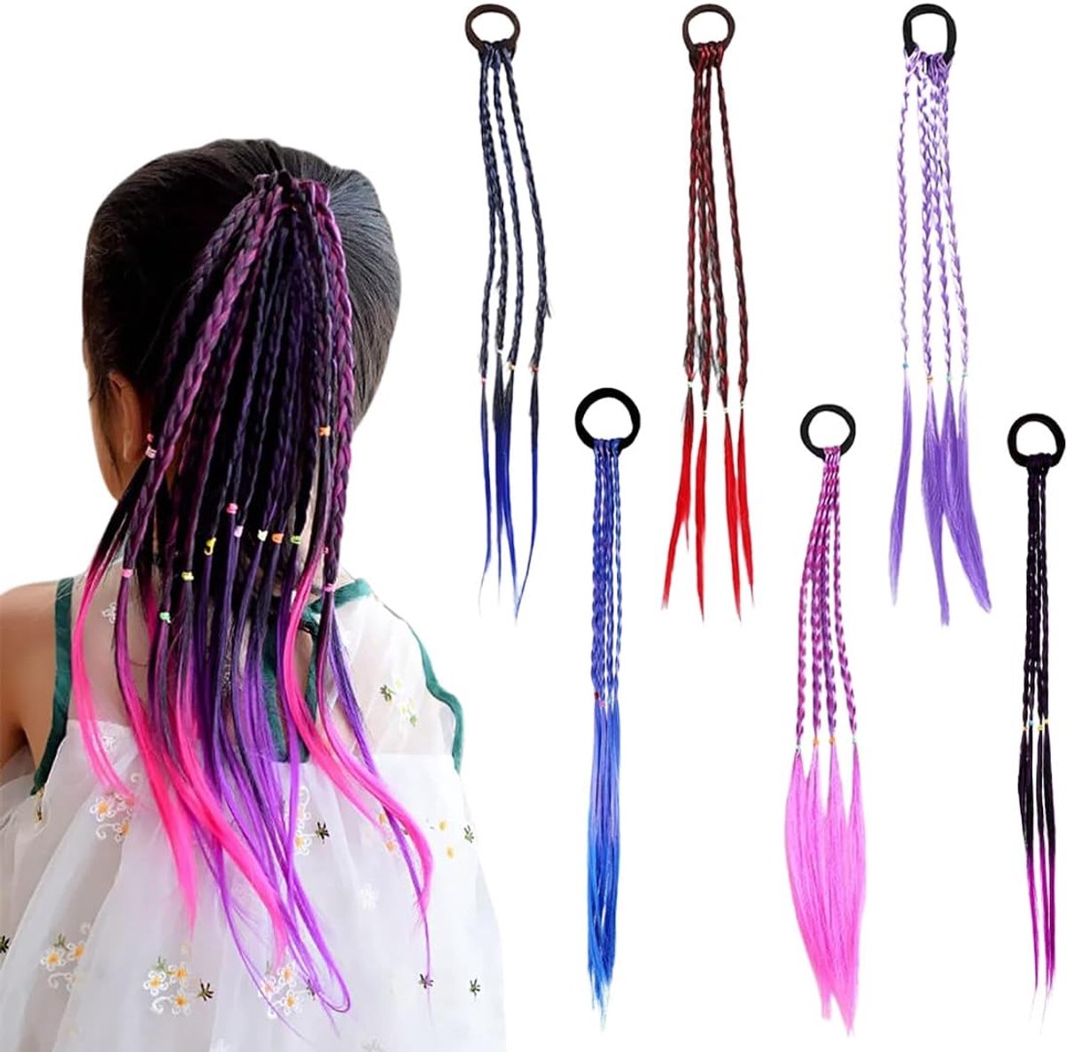 Haarglansset 6 Kleurrijke Vlechtjes - 40 cm Lang - Ombre Kleurcombinaties - Magische Haaraccessoires voor Meisjes - ShopVlot