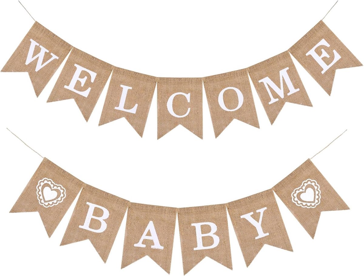 Welkom thuis baby banner - vintage linnen - rustieke letters - perfecte decoratie voor babyshower - ShopVlot
