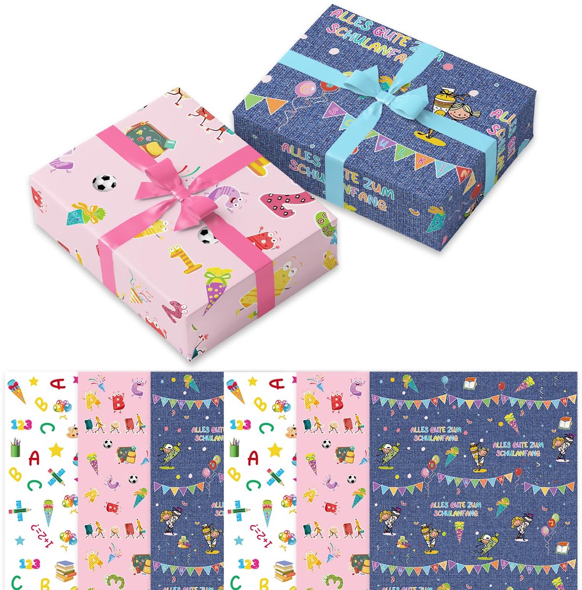 6 stuks cadeaupapier voor kinderen, schoolkind, cadeaupapier, voor eerste schooldag, ABC, decoratie voor jongens en - ShopVlot