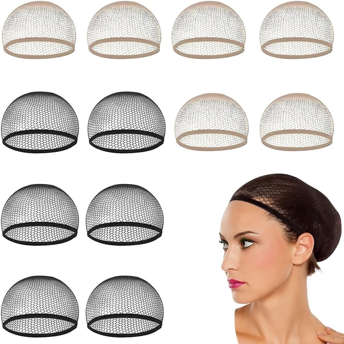 Wig caps 12-pack - 6 nude beige + 6 zwarte haarnetten - ademend nylon - ideaal voor feesten - ShopVlot