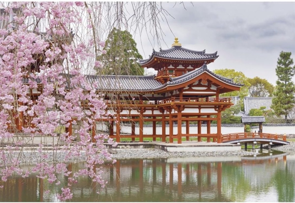 3,7 x 2,44 m Japanse Tuin Achtergrond Bloeiende Kersenbloesem Paviljoen Fotografie-achtergrond Tuin Patio Bomen Rivier - ShopVlot