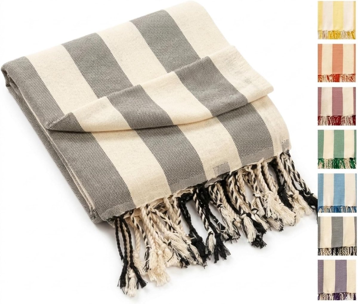 Hamamdoek, 100 x 180 cm, strandlaken, katoen, plat geweven design op crèmekleurige basis, licht, sneldrogend - ShopVlot
