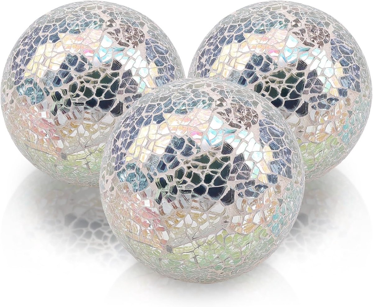 Folmywy 3 Pieces Decorative Spheres Set 8.5cm Mosaic Glass Spherical Glass Table Attachment Balls Silver Modern - ShopVlot