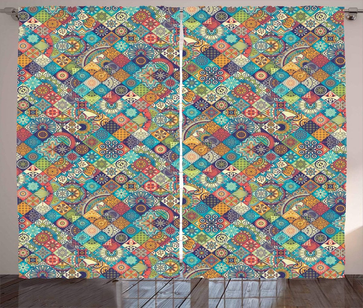 ABAKUHAUS Moroccan Curtains, Oriental Motifs, Living Room Bedroom Window Curtains Set of 2, 280 x 225 cm, Multicolor - ShopVlot