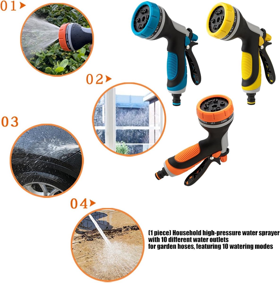 Waterslang Nozzle - Tuinsproeier - Buitenonderhoud - 10-in-1 Functies - 22 x 18 x 8 cm - Blauw/Geel/Mandarijn