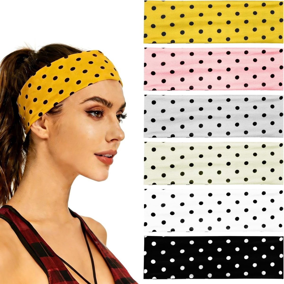 Stijlvolle Retro Haarbanden met Stippen voor Dames, Ideaal voor Yoga, Hardlopen en Make-up, Zacht en Rekbaar in 6 Kleuren