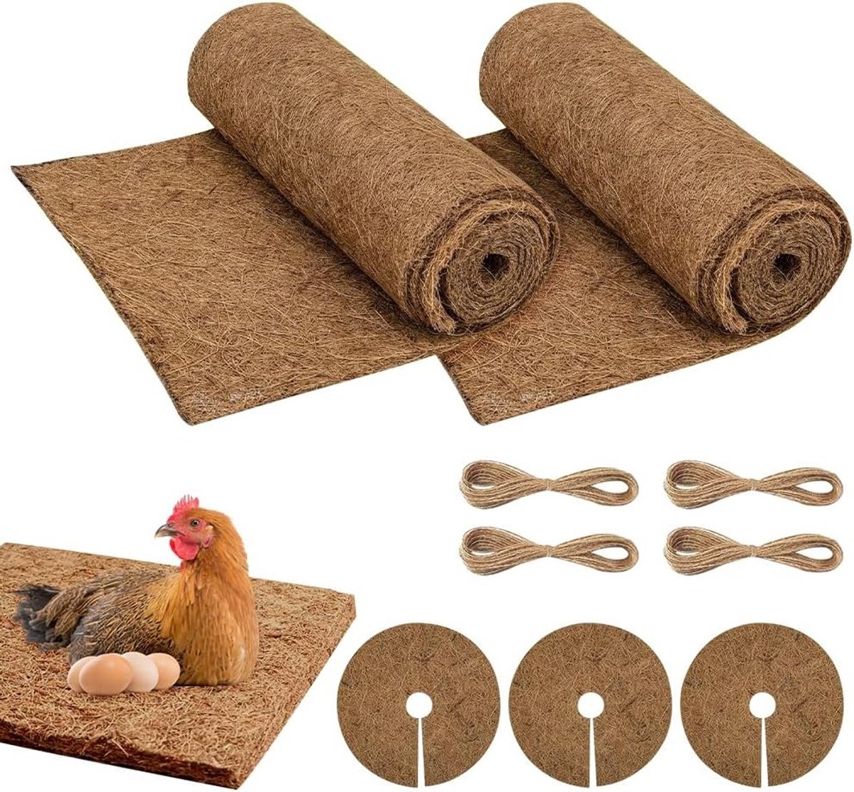 Coconutvezel Nestmatten voor Planten en Dieren - 2 Rollen van 100 x 30 cm, Herbruikbare Bodembedekking, Geschikt voor Kippenhok en Kleine Dieren, Ronde Kokosmatten van 20 cm