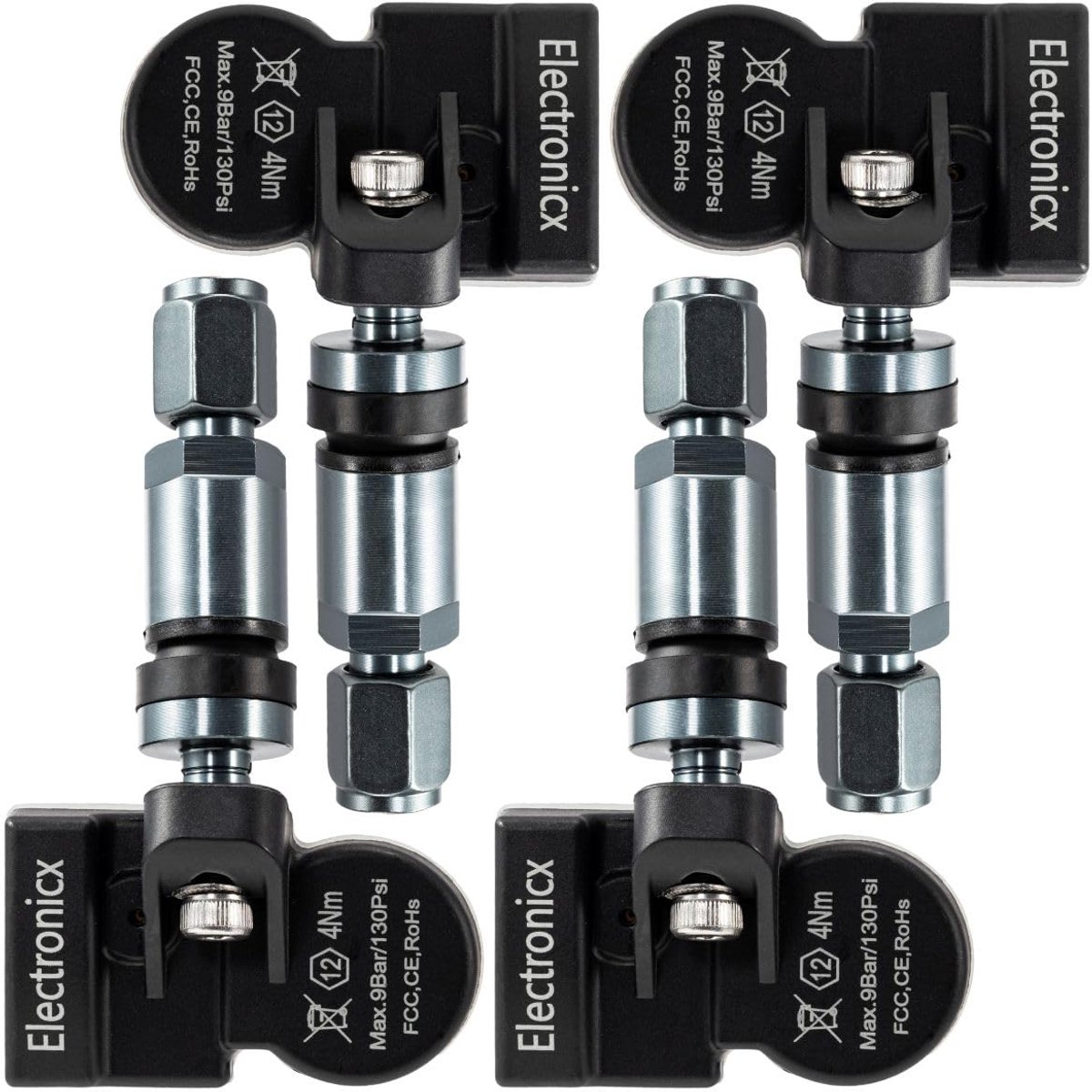 Bandenspanningssensoren - TPMS sensoren - Veilige Rit - Voorgeprogrammeerd 433MHz - Set van 4 - Gunmetal