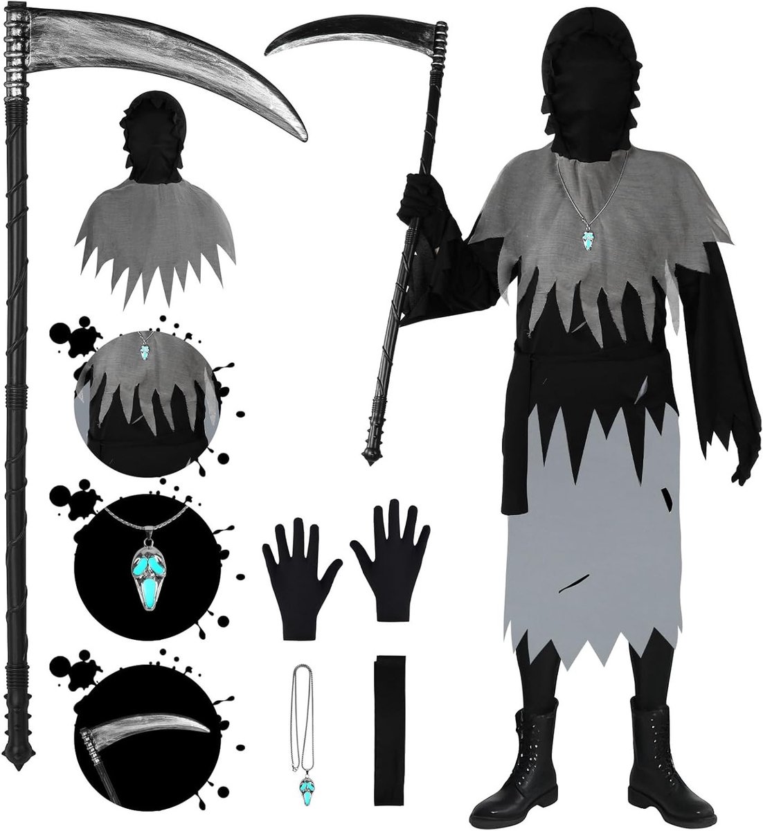 Horror Kostuum voor Kinderen Set van 6 Zwart en Grijs Halloween Outfit met Riem, Hoeden, Gewaad, Handschoenen en Luminous Skull Ketting voor Grim Reaper Thema