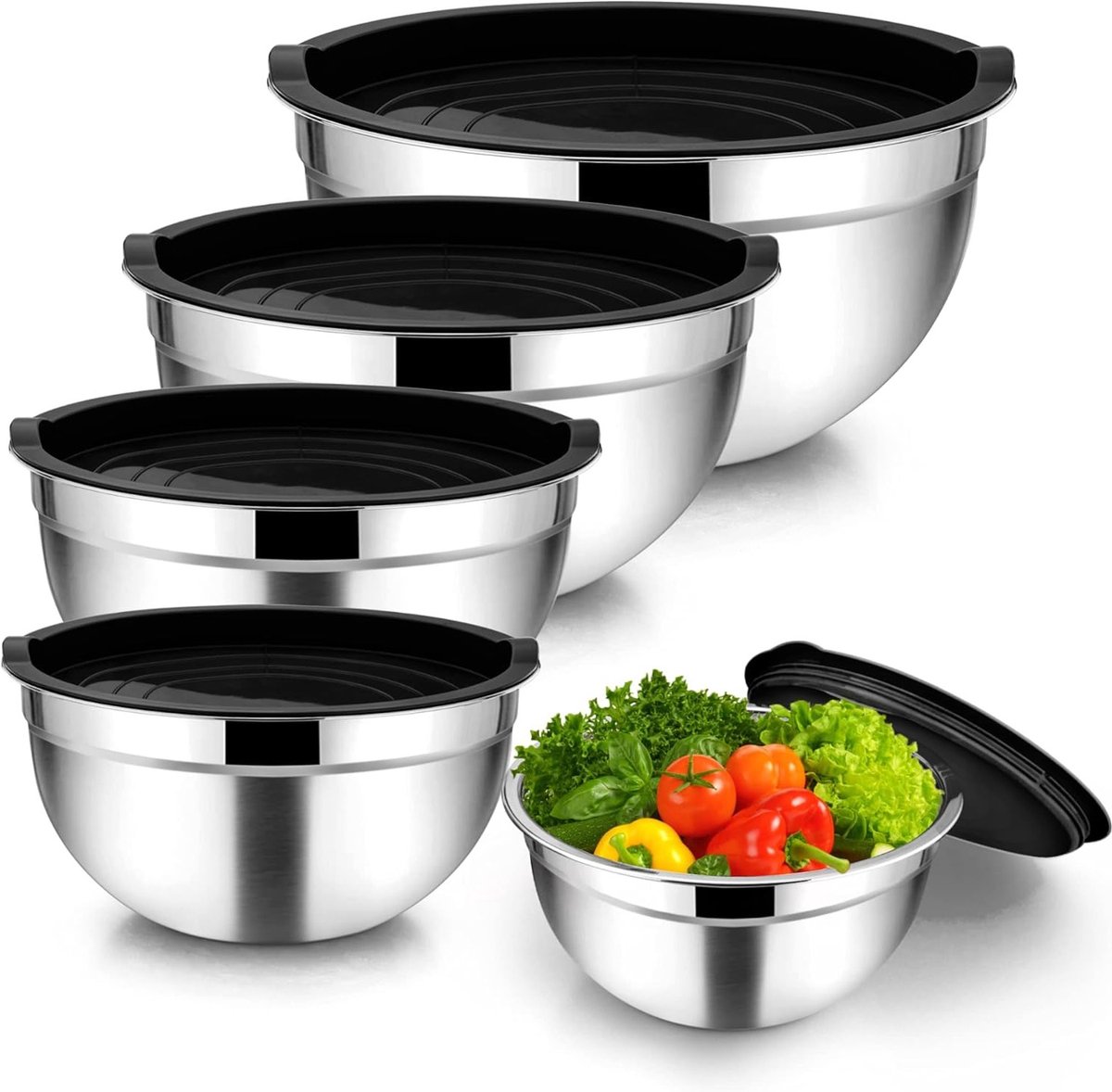 Mixkommen Set van 5 Stuks in Zwart RVS, Stapelbare Saladeschalen met Deksel, Geschikt voor Vaatwasser, Ideaal voor Keuken en Bereiding van Gerechten