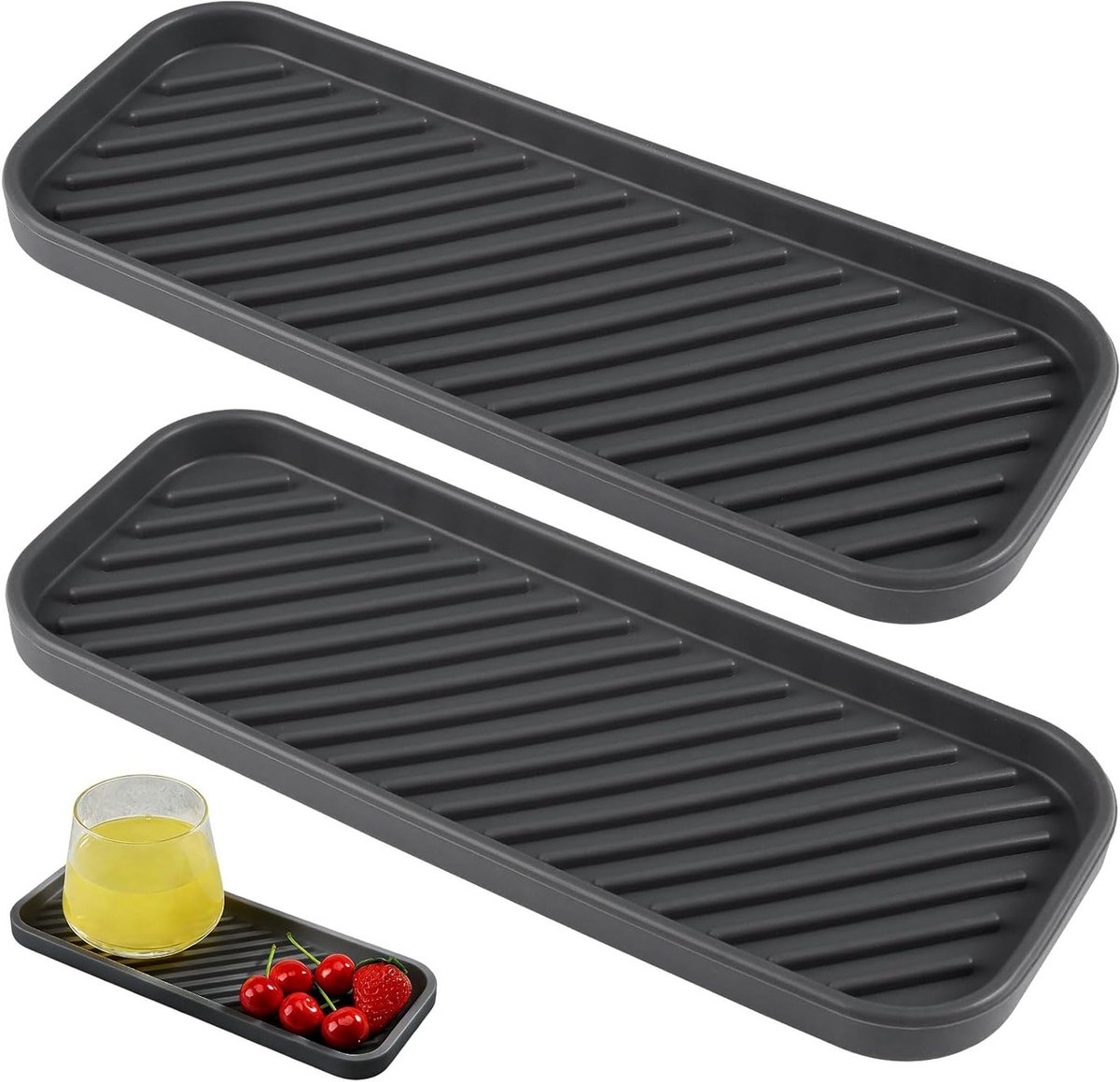 Siliconen Afvoer Mat Set van 2 voor de Keuken, Antislip Organisator voor Spons en Zeep, 23 x 9 cm, Donkergrijs, Ideaal voor Keukens en Badkamers