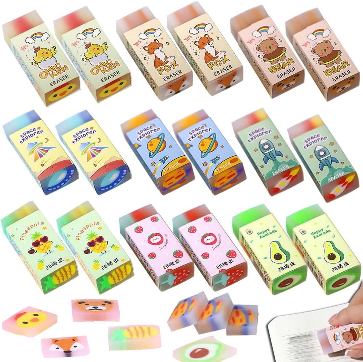 SnelShoppen - 18 Stuks Gummetjes - Zachte Fruitgum Kindergum - 2B Grappige Gum voor Kinderen - Perfect voor School, Tekenen en Creatieve Activiteiten