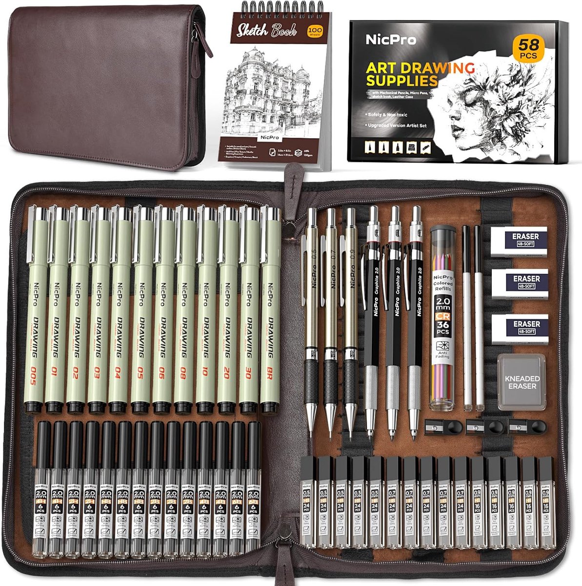 Thijox - 58-delige kunsttekenset met leren etui, mechanische potloden 0,5/0,7/0,9/2 mm, 12 micron pennen, schetsboek en 30 loodnavullingen voor tekene