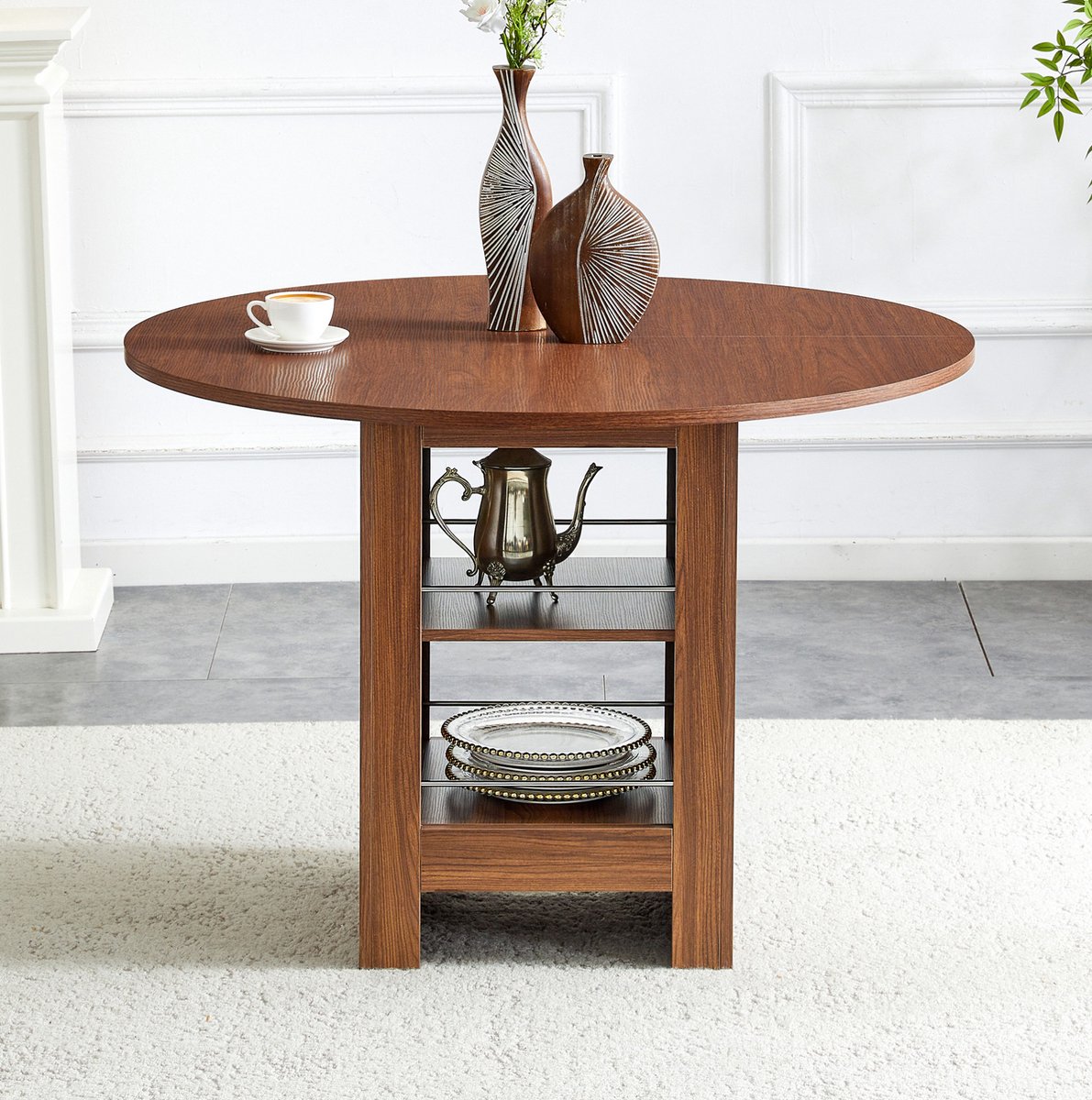 DESMIU Ronde Eettafel Met Open Opbergvakken Walnoot Look MDF 100 Cm Voor Keuken En Eetkamer 4 Tot 6 Personen Modern