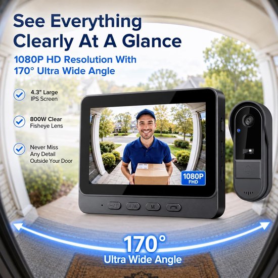 Draadloze Deurbel Camera - Video Intercom - Huis Beveiliging - Zonder Wifi App - 43 Inch Scherm - Zwart — afbeelding 5