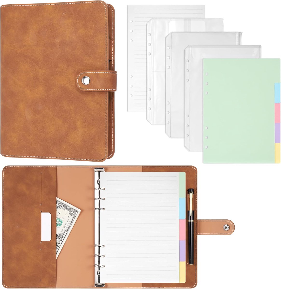 Thijox - A5 PU-leren Ringband Notitieboek - Navulbaar 6-Rings Omslag met 100GSM Papier, Insteekvakken en Tabbladen voor Reisdagboek en Persoonlijke Pl
