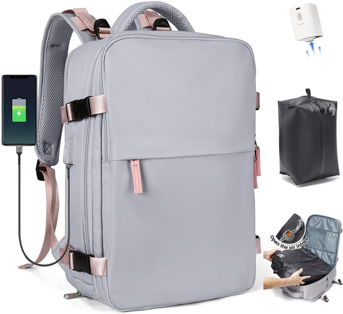 SnelShoppen - SZLX Vacuum Rugzak met Pomp, Waterdichte Airbag Rugzak voor Reizen, Handbagage 40x30x20, Lichtgewicht Reisrugzak voor Ryanair, Perfect v