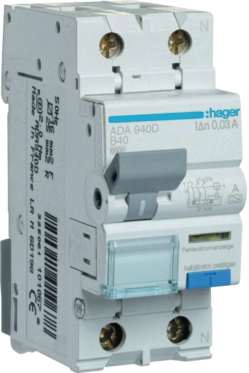 Hager aardlekautomaat B40 30mA 1P+N 6kA (ADA940D)