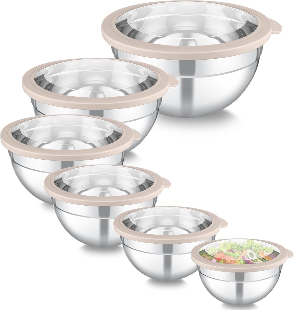 Set van 6 RVS Mengkommen met Transparante Deksel voor Salades, Koken en Bakken - Stapelbare Kommen van 4.5L tot 0.7L voor Keukengebruik