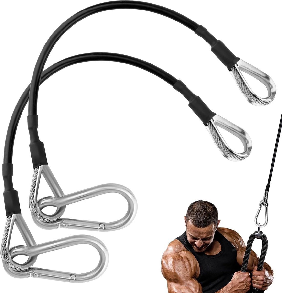 2 Stuks Sportkabel Verlenging met Karabijnhaken, 25 cm Stevige Fitness Touwen voor Thuisgym, Vervangingskabels voor Triceps Pull Down en Oefeningen