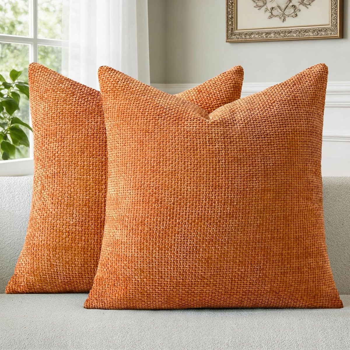 SnelShoppen - Set van 2 Chenille Kussenhoezen Oranje 50 x 50 cm, Zachte Pluizige Decoratieve Kussenhoezen met Verborgen Rits, Wasbaar voor Bank, Sofa,