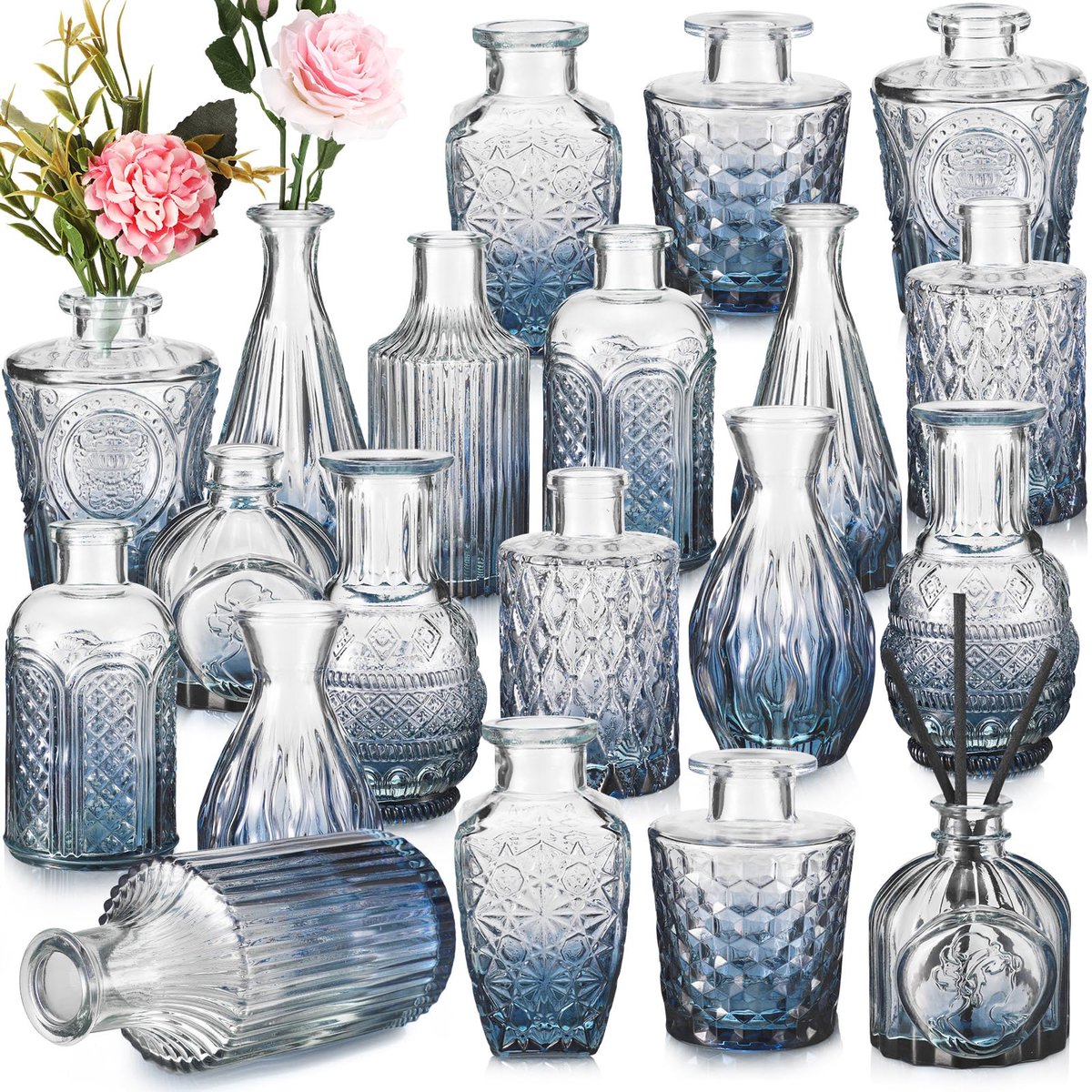 SnelShoppen - 20 Stuks Glazen Bud Vazen - Schattige Kleine Vazen voor Bloemen - Vintage Decoratieve Glazen Vazen voor Bruiloft, Verjaardagsfeesten, Th