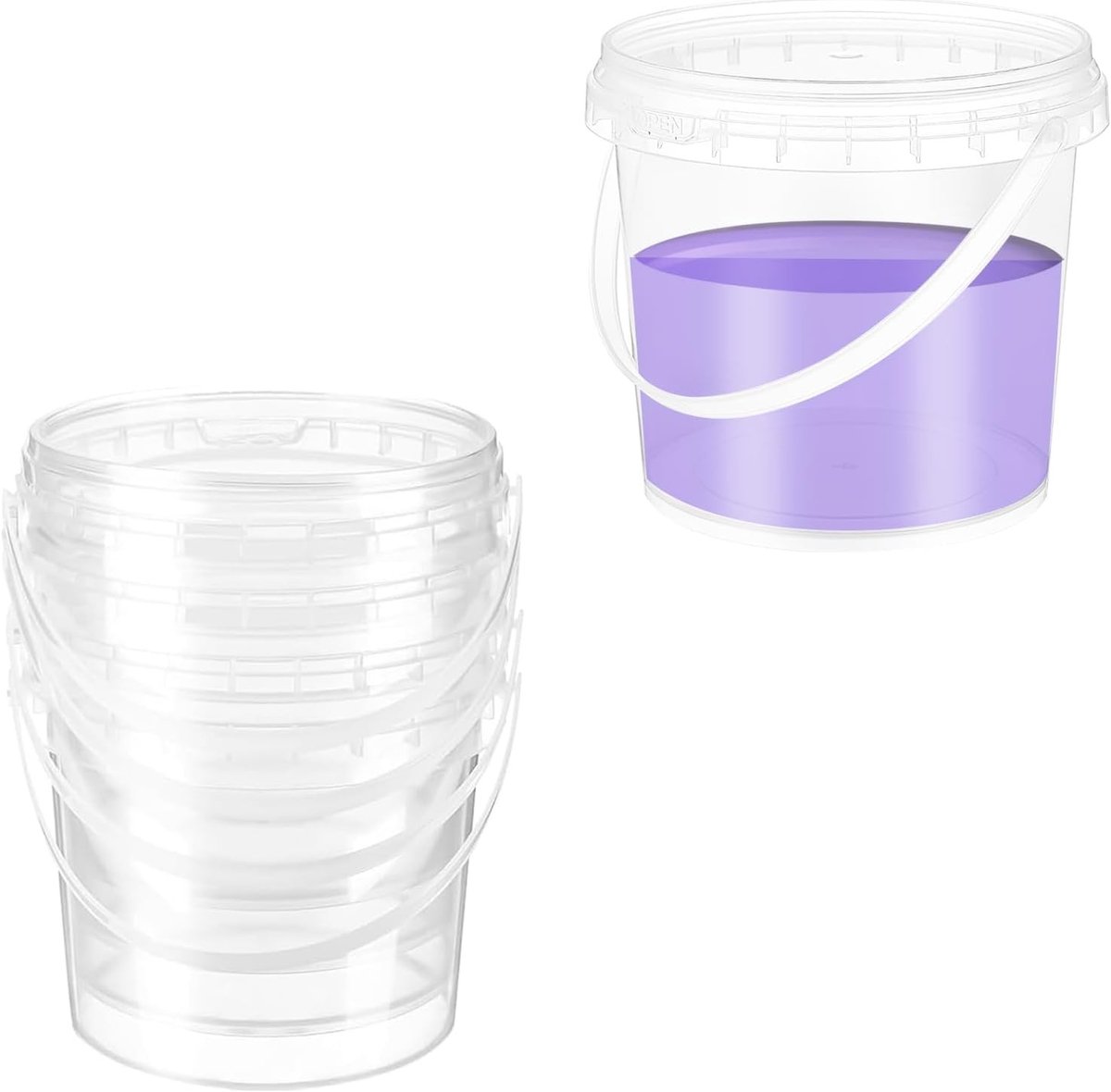 Set van 6 Transparante Verfemmers 1.5L met Deksel en Handvat, Ideaal voor Klussen, Creatieve Projecten en Voedselopslag