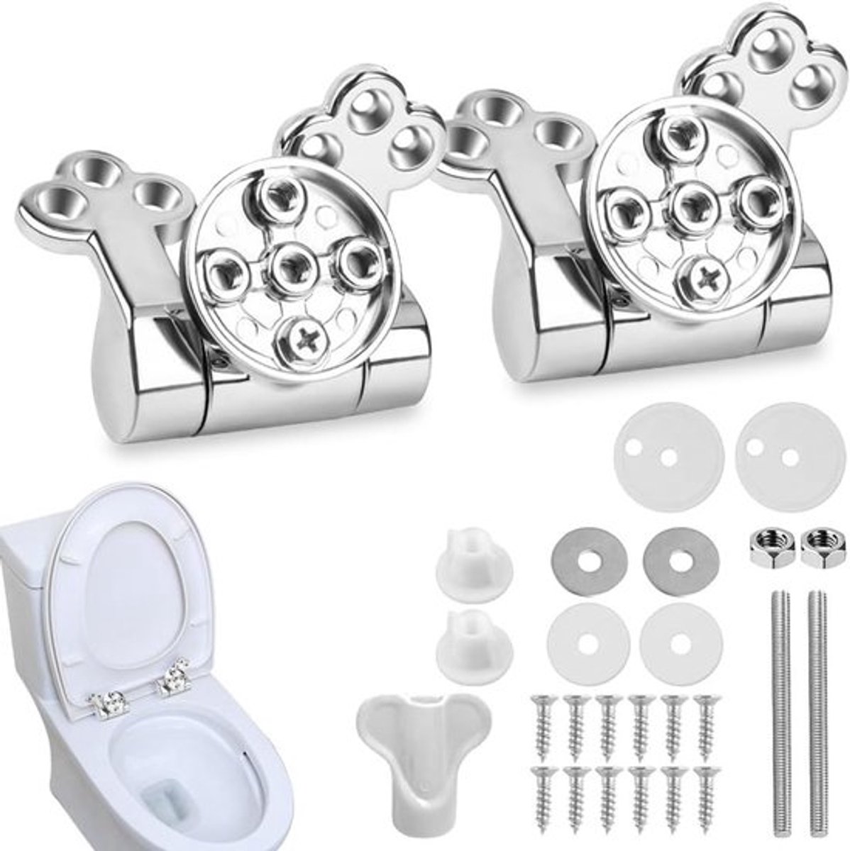 Vervangingsonderdelen voor toiletzittingen, toiletdeksel fixatieset met soft-close mechanisme, universele scharnieren van zinklegering met bevestigingsmaterialen voor de meeste toiletten