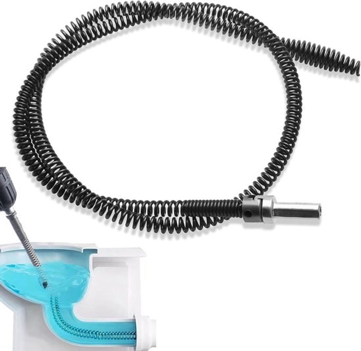 Afvoer Reinigingsspiraal 10mm x 1 meter met Booropzetstuk - Universele Buisreiniger Elektrische Adapters Toilet - Ontstoppen en Reinigen - Langere Zachte Reinigingsslang