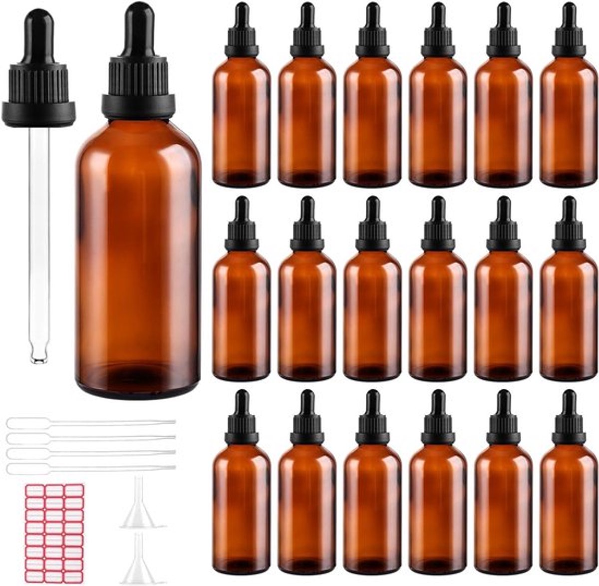 100 ml Pipette Fles voor Essentiële Olie, Aromatherapie en Parfum - Set van 18 Druppelaars met Precisie