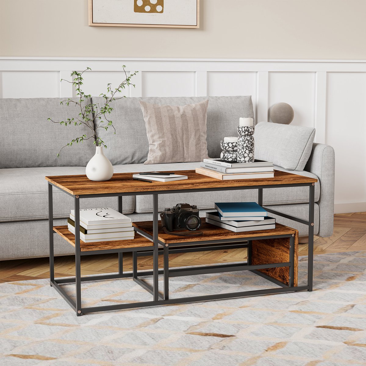 Salontafel set met nesttafels, vierkante koffietafel met marmerlook blad en metalen frame, bijzettafel voor woonkamer, mdf zwart en houtkleur