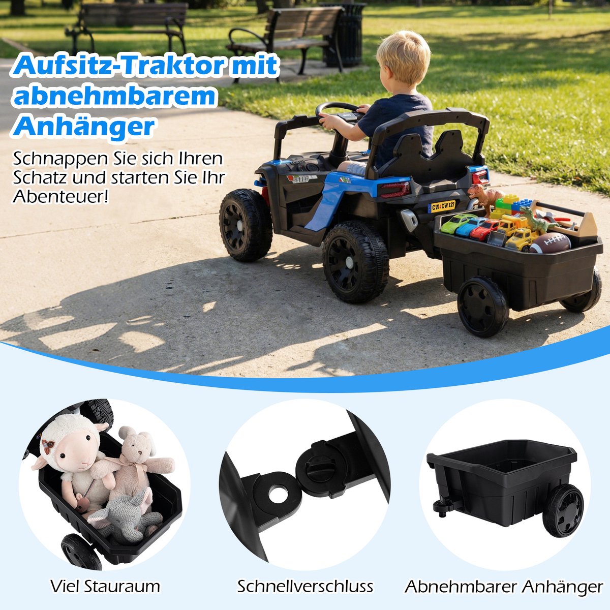 COSYWAY Elektrische kinderauto met afneembare aanhanger, 12 V, elektrische kinderauto met 2,4 G afstandsbediening, elektrisch voertuig met veerdemper, licht en muziek, elektrische UTV voor kinderen