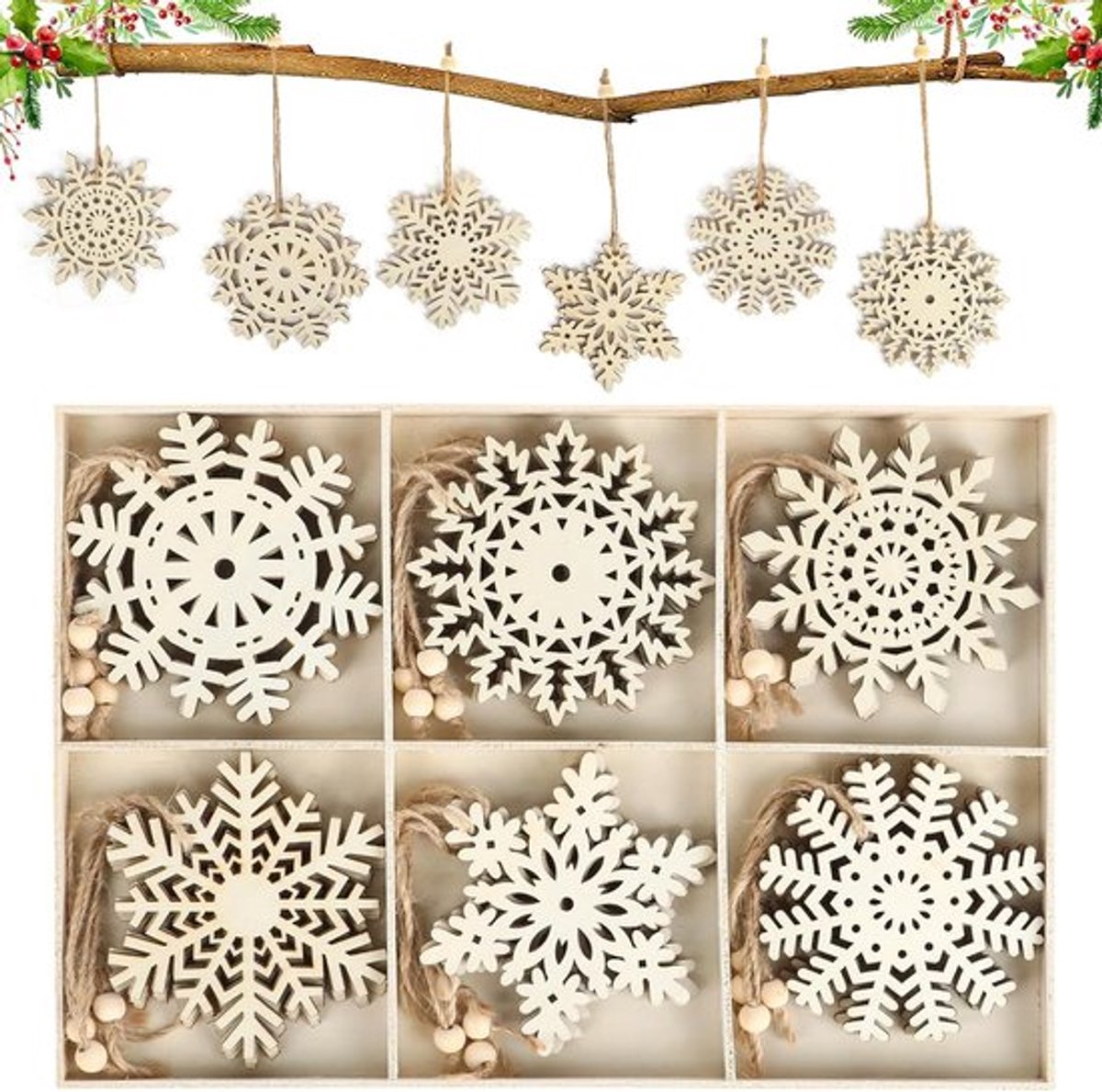 Sneeuwvlokken houten hangers voor kerstdecoratie - 24 stuks - 10 cm - DIY knutselen met hout en kralen